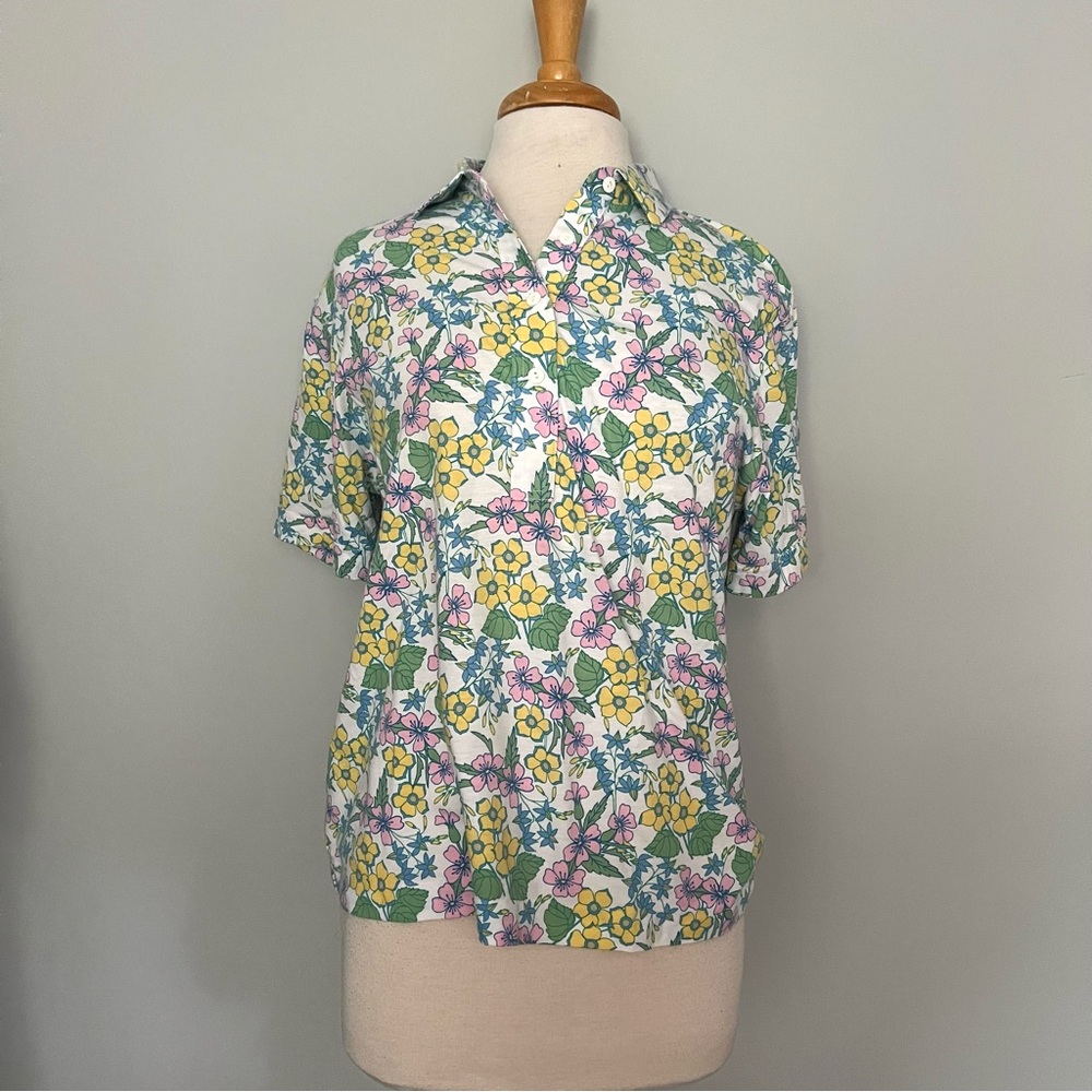 Leon Levin Vintage White Pastel Floral Collared Polo Shirt Size L